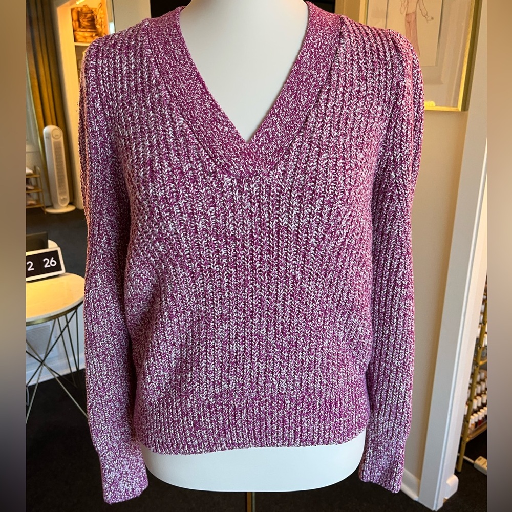 LOFT V-Neck Marled Pink and White Sweater With Puff Sleeves